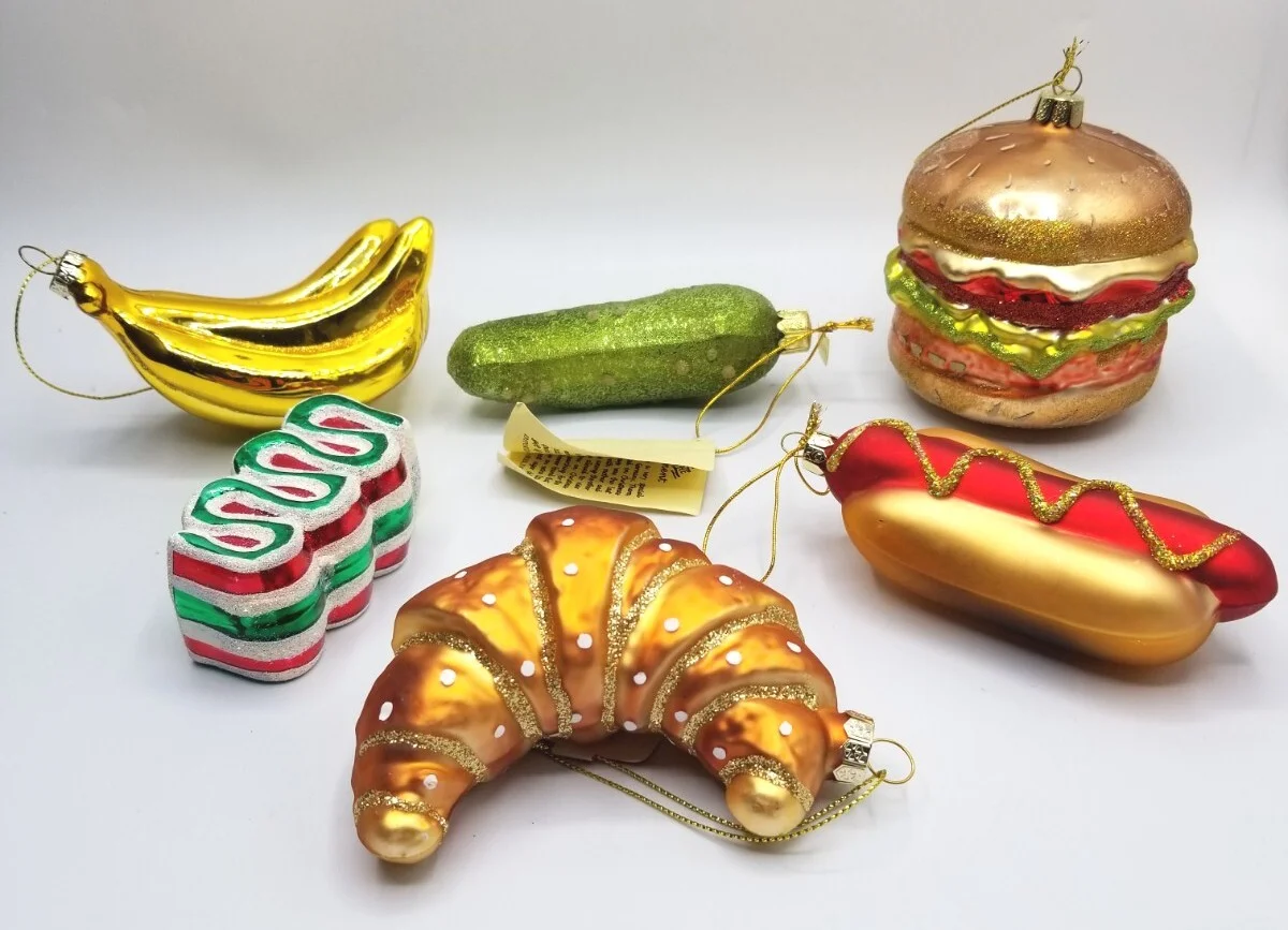Lot of 6 Food Blown Glass Ornaments - Hamburger Hot Dog Pickle Bananas Croissant